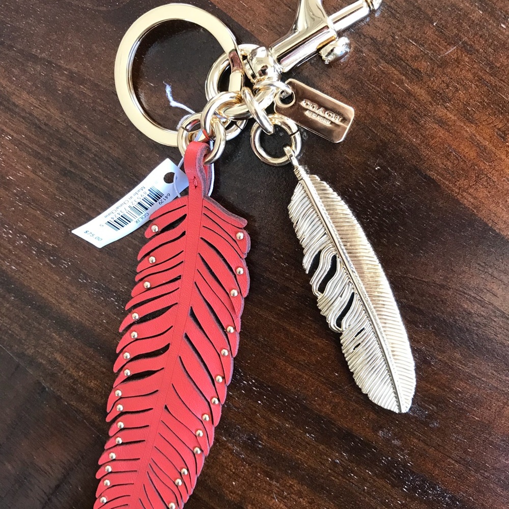 COACH Key Fob Orange Leather & Gold Metal Feathers